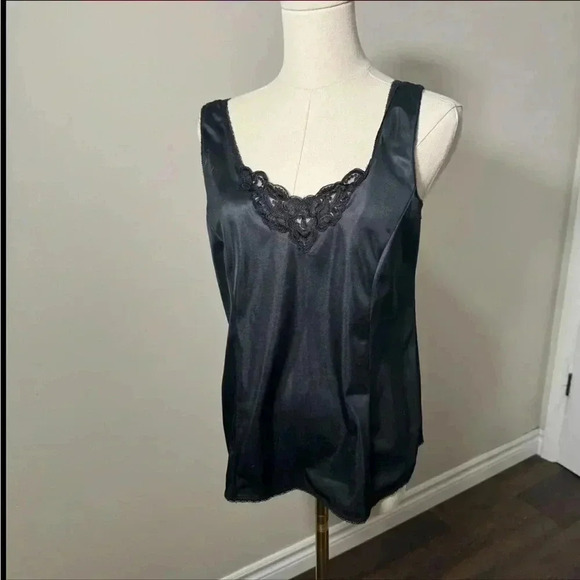 Vintage Black satin lace trim tank top 36 goth glam - Picture 4 of 6